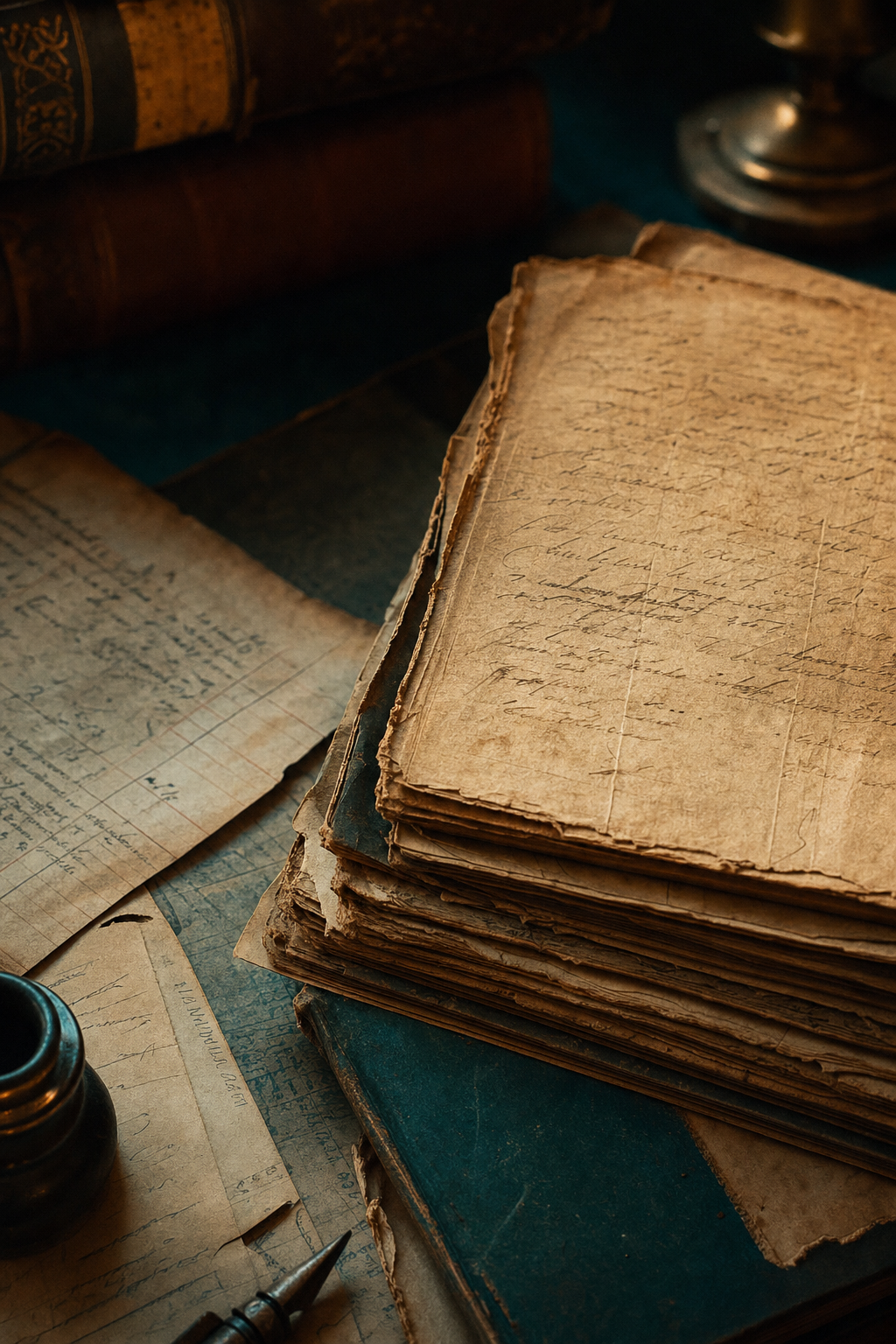 Abstract still life of aged manuscript pages and leather-bound ledgers under warm archival lighting, representing historical research