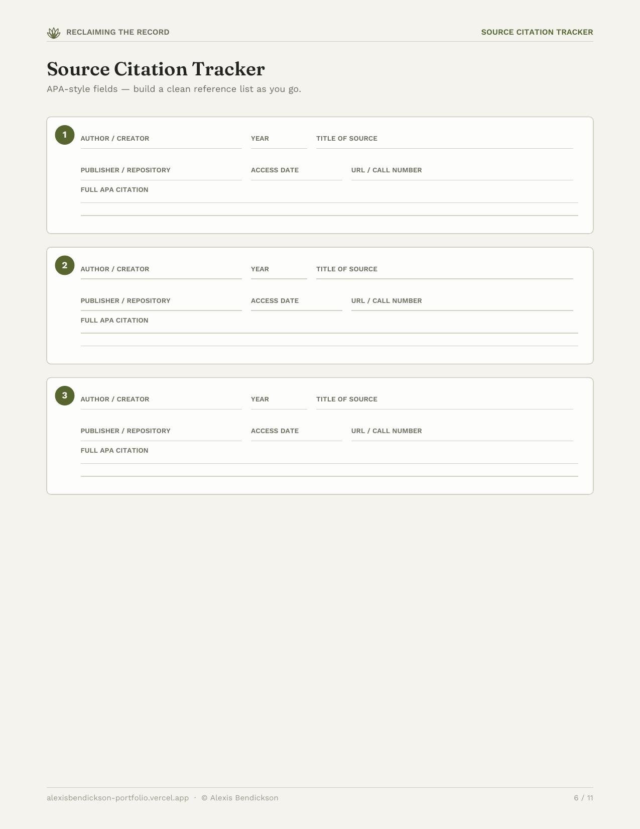 Preview of the source citation tracker page from the genealogy template pack