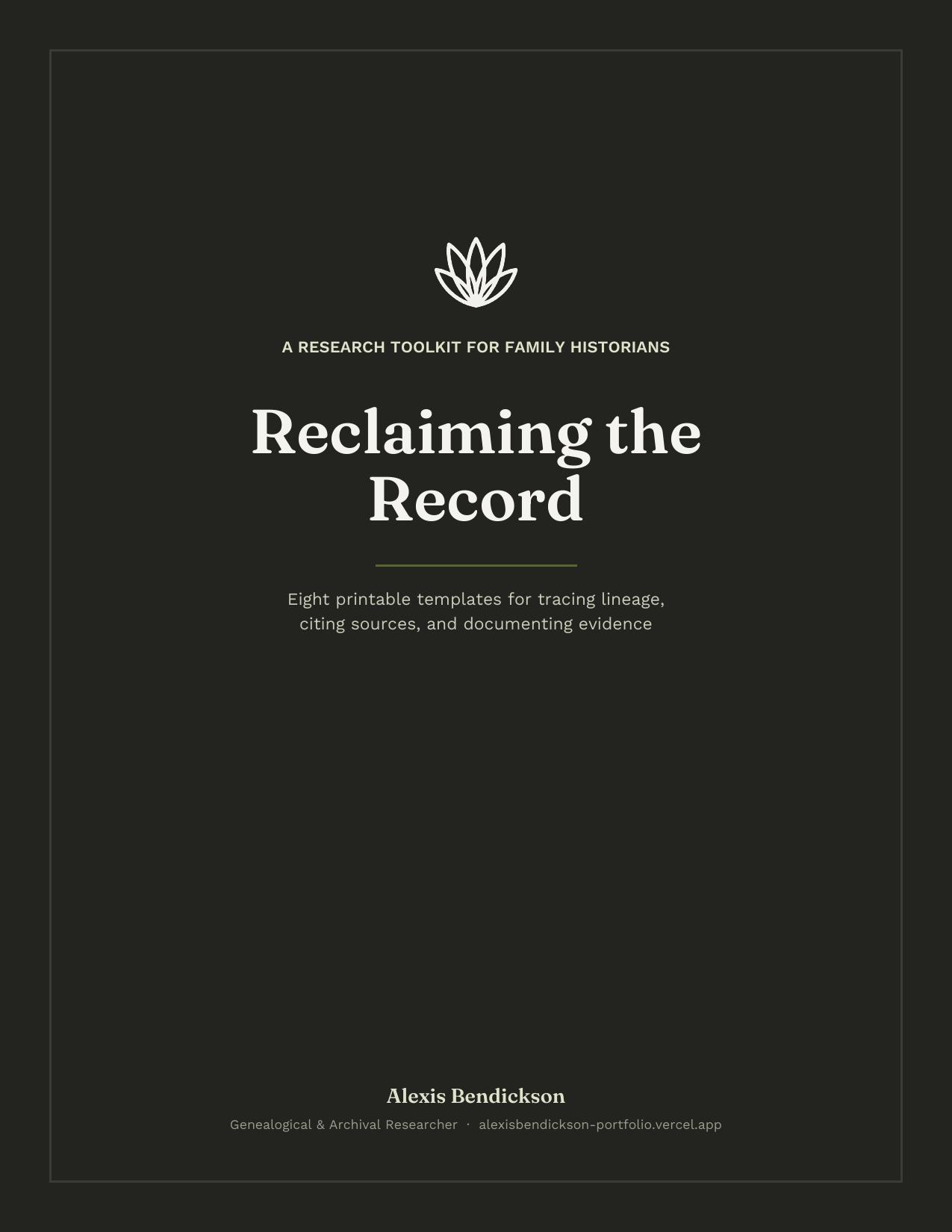 Cover of the Reclaiming the Record genealogy template pack, showing a printable ancestor chart layout